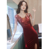 Red evening dress female 2021 new summer high-end host temperament fishtail heavy industry luxury banquet dress