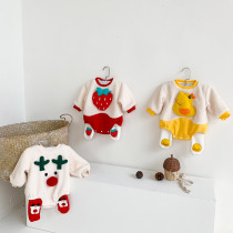 Ins Korean version of Christmas baby jumpsuit in autumn and winter plus velvet padded warm fart bag ha clothes baby climbing clothes