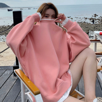 Medium length fake two design senses long sleeve sweater women 2021 fall new big code loose and lazy round collar blouses