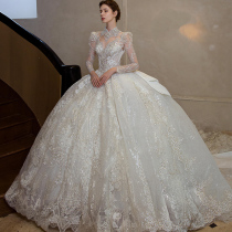 Long sleeve main wedding dress bride 2021 new big tailing female French retro heavy industry high set one word shoulder Court