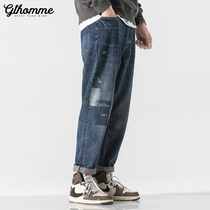 2021 autumn new mens jeans trousers loose straight trend Joker youth casual pants mens Tide brand