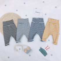 Male baby striped high waist and belted underpants for baby spring and autumn pure cotton female childrens pants external to wear open gear