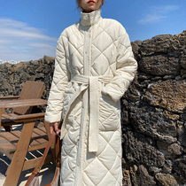  Diamond grid down cotton clothes womens mid-length 2021 winter new Korean loose waist lace-up cotton coat jacket tide