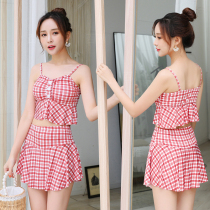  Split swimsuit female Baiya Korean version of ins girl plaid skirt two-piece small chest gathered sexy thin swimsuit