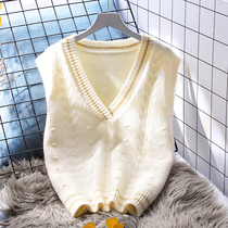 Minus 20) White V-neck knitted vest womens vest loose wear 2021 early autumn new Korean version sleeveless sweater