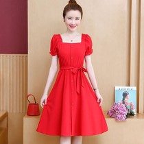 2021 Western style summer red waist spinning summer thin skirt version dress mid-length snow collection fairy style Korean new style