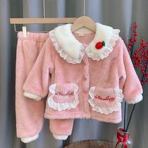 Baby girl pajamas set Winter coral velvet girl Autumn Winter thick warm set children flannel home clothing
