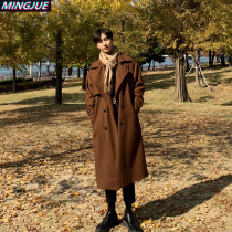 Woolen coat men's long spring and autumn winter Korean windbreaker design sense advanced men's retro caramel coat