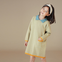 Hadtooth childrens clothing autumn new girl childrens parent-child POLO lapel long sleeve straight check knit dress