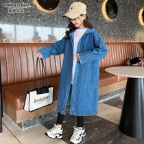 Girl coat spring and autumn clothing 2021 New Korean version of loose middle child hooded long denim windbreaker parent-child