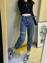 Ripped jeans womens 2021 autumn new high waist thin radish dad pants loose plus size straight cropped pants