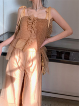 2021 new Hong Kong style retro Korean chic mesh suspender top high waist wide leg pants two-piece suit womens summer