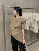 2021 new style port wind retro chic right angle shoulder plaid top high waist thin pants two-piece suit womens summer