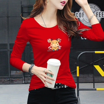 Hong Kong High-end 2021 Year of the Ox New T-shirt Women Long Sleeve Red base shirt Joker Cotton