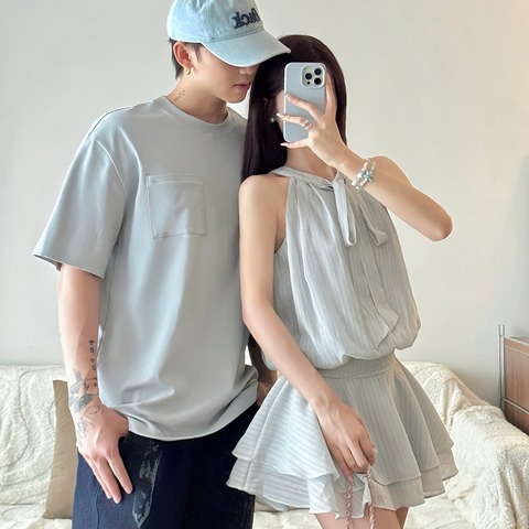 法式情侣装夏季新款百搭一衣一裙休闲无袖挂脖女高级感收腰连衣裙