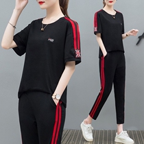 Cotton sports suit womens summer 2021 new summer running short-sleeved nine-point pants casual fashion clothes two-piece set
