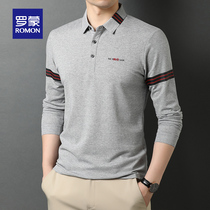 Romon mens mulberry silk long-sleeved t-shirt mens young and middle-aged casual solid color polo shirt spring and autumn lapel daddy handsome