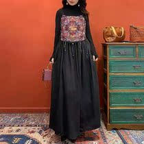 One piece of ethnic style retro Chinese style heavy industry embroidery sling Medium-length dress female loose cotton base shirt autumn