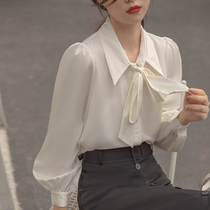 Lantern Sleeves Temperament Spring Style Butterfly Knot Shirt White Snowspun Shirt Woman Long Sleeve Lacing Design Feel Professional Blouse