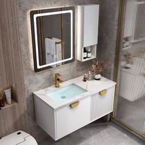 Light luxury bathroom cabinet Modern wash basin cabinet combination bathroom rock plate integrated basin hand washing basin Smart mirror cabinet