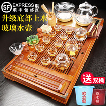Automatic bottom water glass tea set Household living room set of tea making one solid wood tea plate Induction cooker