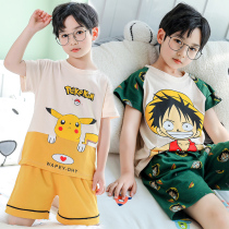 Childrens cartoon pajamas short-sleeved suit summer cotton thin section boys middle and large children summer boys home clothes air conditioning clothes