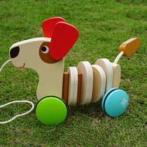 Export ins log dog drawstring pull cartoon puppy wooden baby walking out toy 1-3 years old