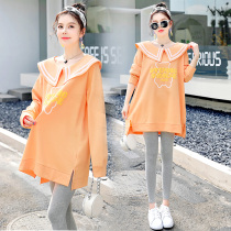 Pregnant women autumn set 2021 New Fashion long sleeve top base shirt lapel collar doll shirt Net red dress
