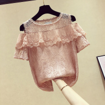 Strapless lace shirt Womens 2021 summer new foreign style sweet hollow hook flower small shirt size short sleeve chiffon top