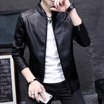 Stand collar leather mens autumn and winter New Korean slim trend handsome plus velvet padded motorcycle leather jacket