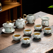 High-end Ru Kiln Kung Fu tea set open piece Ru porcelain teapot teacup set household retro ceramic tea maker