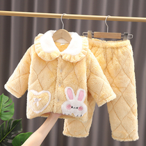 Childrens pajamas girls winter flannel cotton plus velvet thickened baby suit coral velvet girl home wear