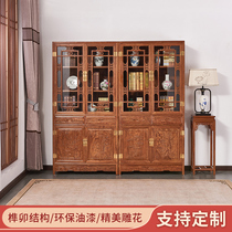 New Chinese-style all-solid wood bookcase glass floor-to-ceiling mahogany locker bookcase living room modern bookshelf rack customization