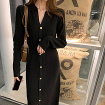 French slim fit with coat inner v-neck knitted dress Autumn and winter gentle wind long over-the-knee sweater bottoming skirt