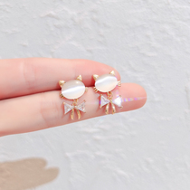 Rose gold bow earrings 2021 New Tide sweet fashion cat earrings simple imitation cat eye stone earrings