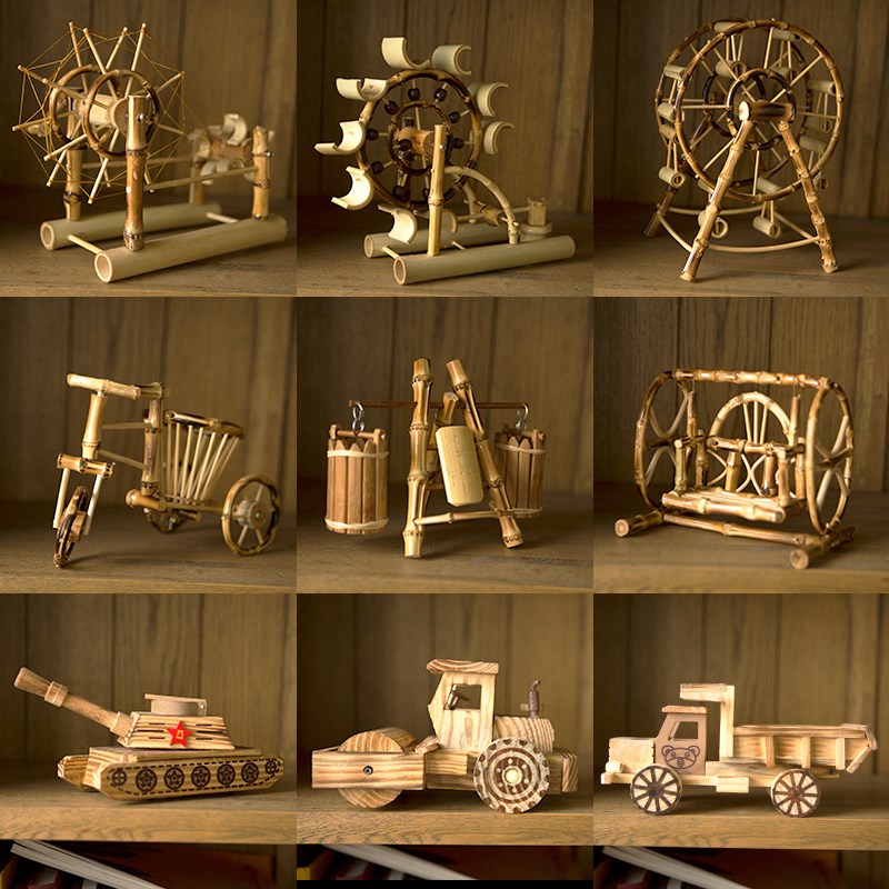 竹制品摆件创意装饰竹木工艺品模型玩具风车水车书架摆设家居道具