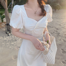 Can be sweet can be salty French sweet first love long skirt waist thin temperament square collar bubble sleeves white dress female