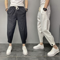 European station thin section cotton and hemp small feet casual pants men loose beam feet large size nine-point pants large crotch net red Harlan pants summer