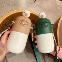 Bear doll thermos cup with straw high-value water cup simple portable anti-drop stainless steel Childrens suction tube Cup