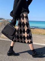 Knitted skirt autumn and winter womens new high waist slim long plaid a-shaped bag hip step-by-step base long skirt