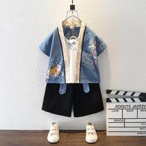 Hong Kong Hanfu Boys Summer Suit Short Sleeve Thin Antique Flax Tang Dress Male Baby Chinese Style Summer Dress Childrens Clothing