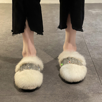 Baotou half-back slippers women spring autumn and winter flat bottom water rabbit hair net Red fashion versatile cute fur shoes wear sandals
