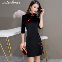 Wesson Limo 2021 Classic Spring and Autumn New Golden Velvet Cheongsam Dress Vintage Cheongsam Dress Womens Clothing