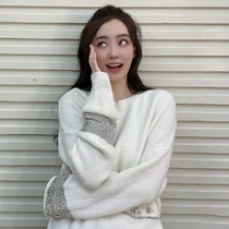 Zhang Xiafei star same sweater female Spring Autumn white stitching long sleeve shiny crystal diamond Joker round neck top