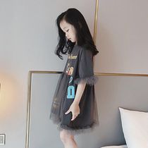 Childrens clothing girl cartoon dress 2022 summer new middle and big children loose casual gray Net red T-shirt dress