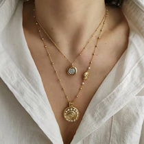 European and American niche design texture Pearl gold coin shield necklace ins mysterious face gold-plated round card choker female