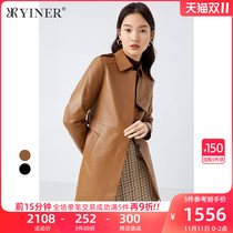 YINER womens clothing 2021 Autumn New temperament commuter solid color long leather coat