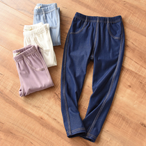 Child imitation denim elastic beating bottom pants pure color thin section comfort long pants slim fit pants CUHK Tong Chunqiu
