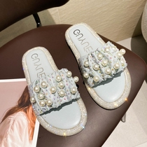 Small ckerwin blue fairy wind soft-soled beach shoes pearl-set diamond wrinkled word slippers female summer