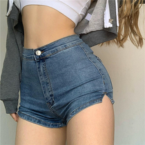 European and American design sense hip high waist denim shorts Womens summer thin sexy thin wild split net red hot pants